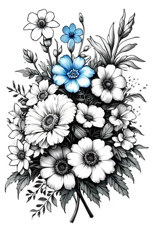 Flower bouquet with 2 forget me not, carnation, daffodil, gladiolus, morning glory, cosmo, 2 chrysanthemum tattoo design idea