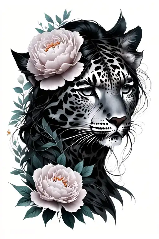 Peonies, Woman warrior face, Strength, Resliliance, black and grey, fierce, snow leopard tattoo design idea
