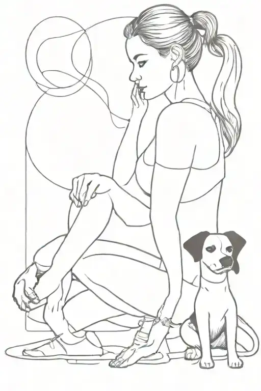 girl squats with dog, dog is white with black ears tattoo design idea