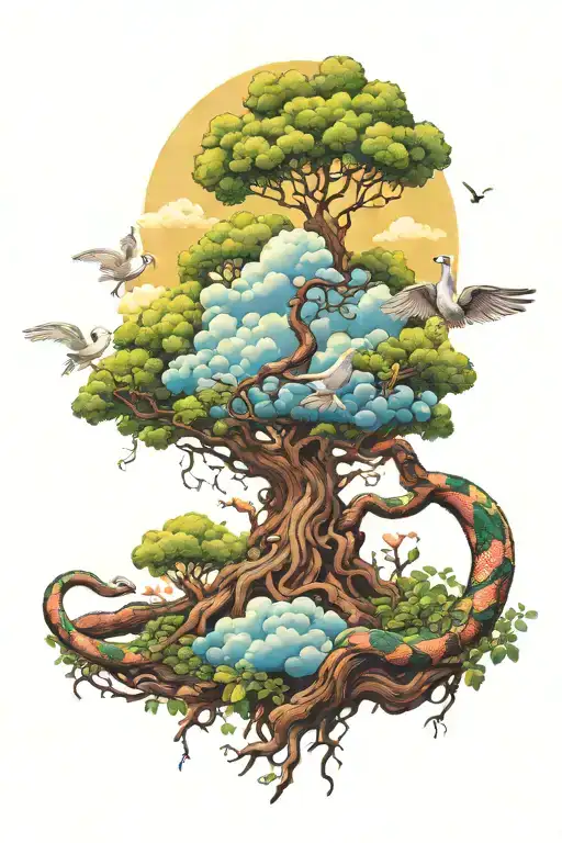 poison tree with clouds surrounding with vibrant snakes and doves  tattoo design idea