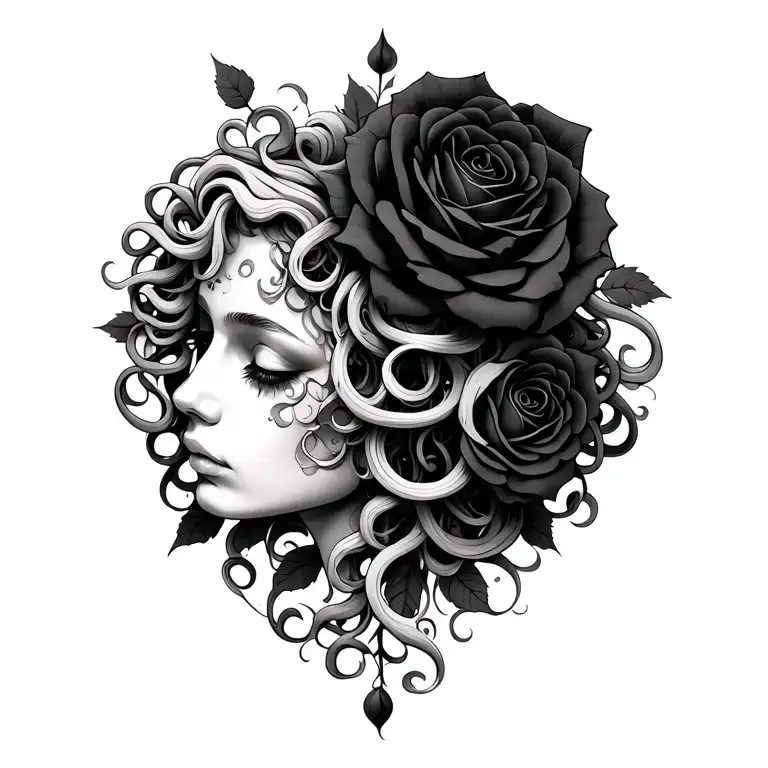 Medusa design with black roses tattoo design idea