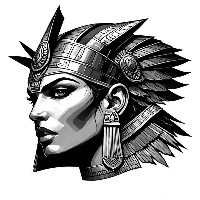 ferocious female warrior queen in battle. Egyptian goddess. big face. emotional tattoo design idea