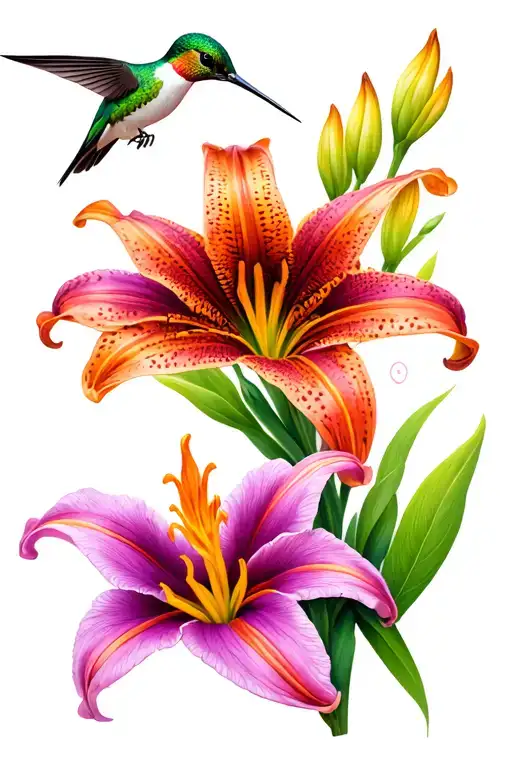 tiger lilies  lady slipper flower some  with wild flower  a hummingbird tattoo design idea