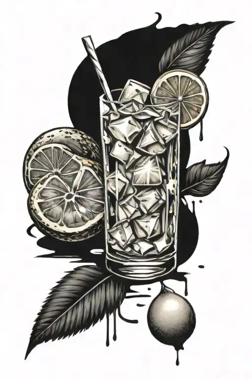 Lemonade glass with ice cubes and lemon, Lemonade Português tattoo design idea