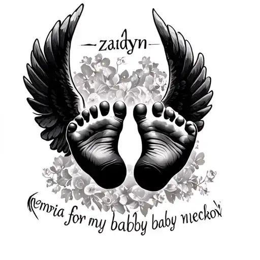 "zaidyn" memorial for my baby nephew with hand or feet prints with angel wings  tattoo design idea