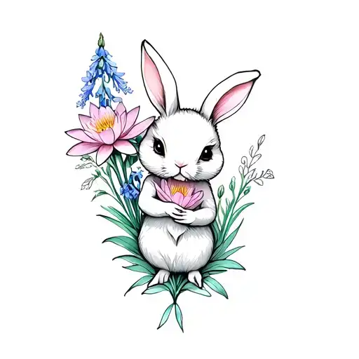 a tiny bunny holding larkspur and waterlily flowers tattoo tattoo design idea