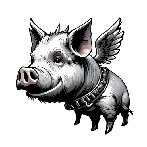 Simple pig tattoo with a spike collar on and wings  tattoo design idea