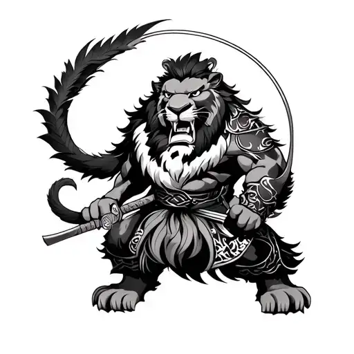 Japanese warrior, lion, phinex, tattoo design idea