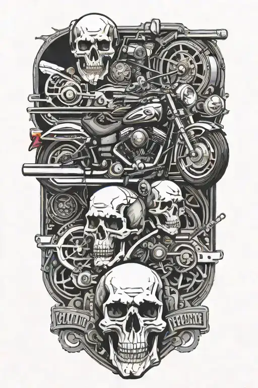 Hot rod and harley style with railroad tracks, skulls and motorcycle engines tattoo design idea