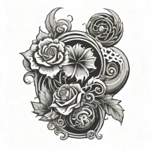 4 sepated Symbols of air (like wind and tornado), fire, earth (a big rock with elements of lava, crystals and 3 flowers  tattoo design idea