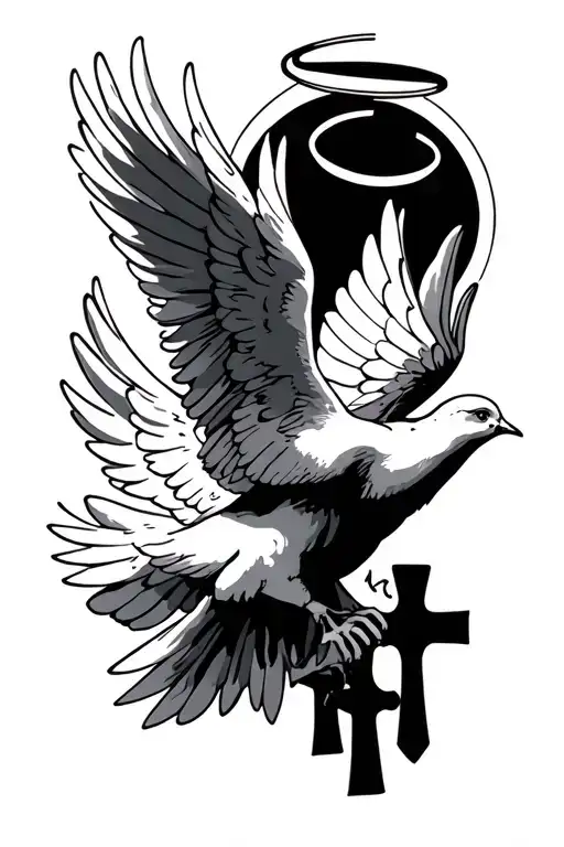 dove flying, angel with halo, 3 crosses tattoo design idea