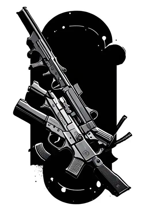 A collage of guns and skydiving equipment forming a cohesive design tattoo design idea