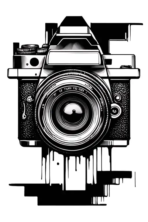 "Minimalist and artistic tattoo design, with a stylized camera as a central element. The camera must tattoo design idea