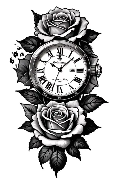 roses and watch and cross saying Gods timing tattoo design idea
