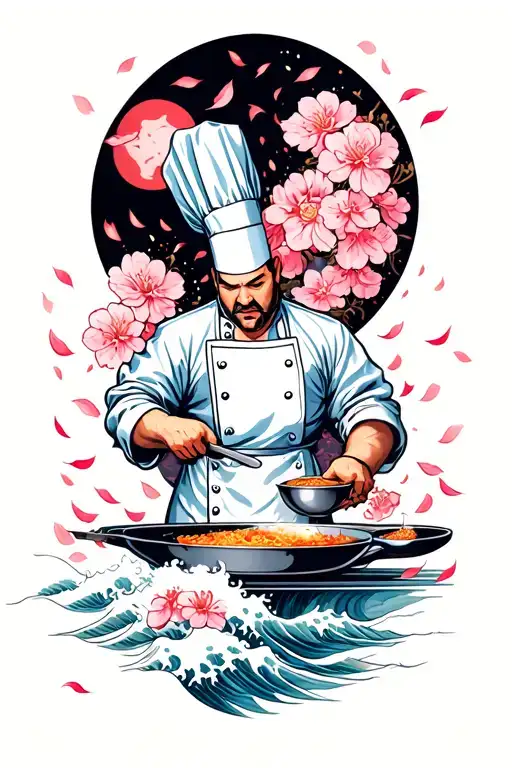 sakura petals falling, chef cooking up a storm, waves, tattoo design idea