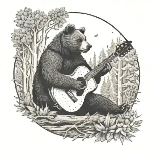 A dotwork tattoo of a bear playing a guitar in a forest setting tattoo design idea
