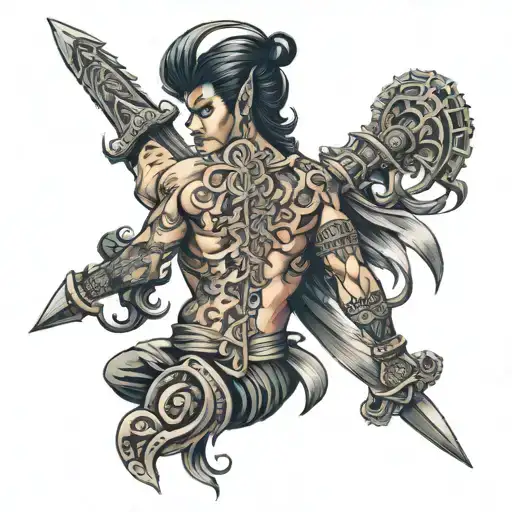 hindu weapons vertically aligned on back tattoo tattoo design idea