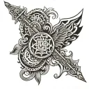 hindu weapons vertically aligned on back tattoo tattoo design idea