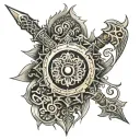 hindu weapons vertically aligned on back tattoo tattoo design idea