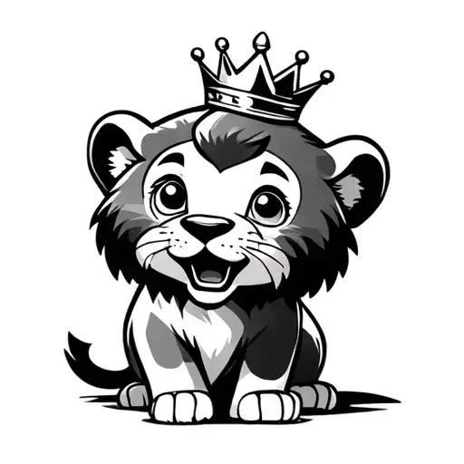 Minimalist tattoo design of a cartoon-style baby lion cub roaring, wearing a small crown on its head. Inspired by the ar tattoo design idea
