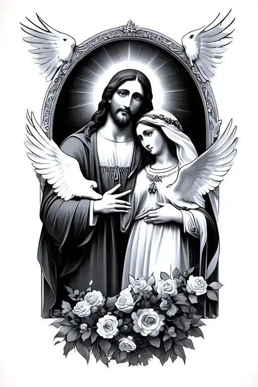 jesus christ and virgen mary 2 doves heaven gates tattoo design idea
