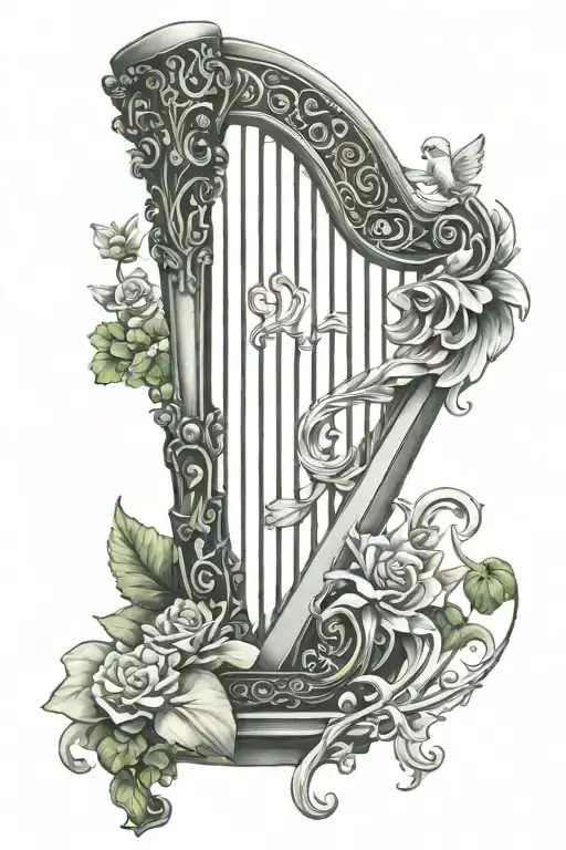 irish harp with angel tattoo design idea