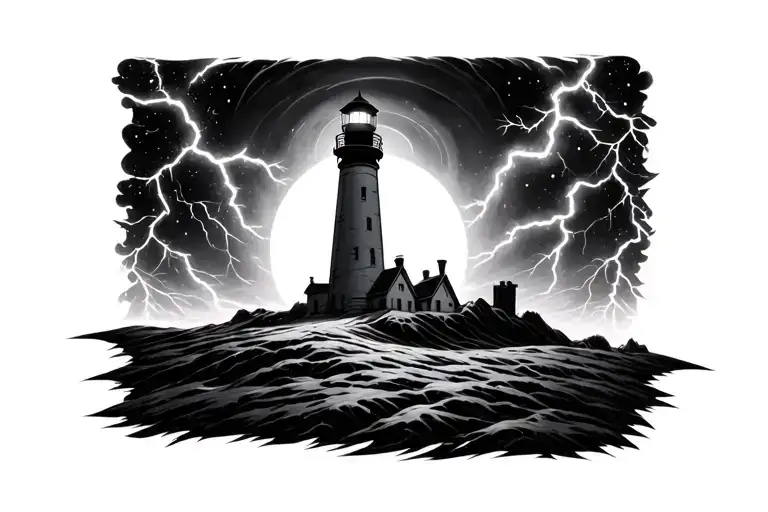 lighthouse, black hole, planet, lightning, storm, space tattoo design idea