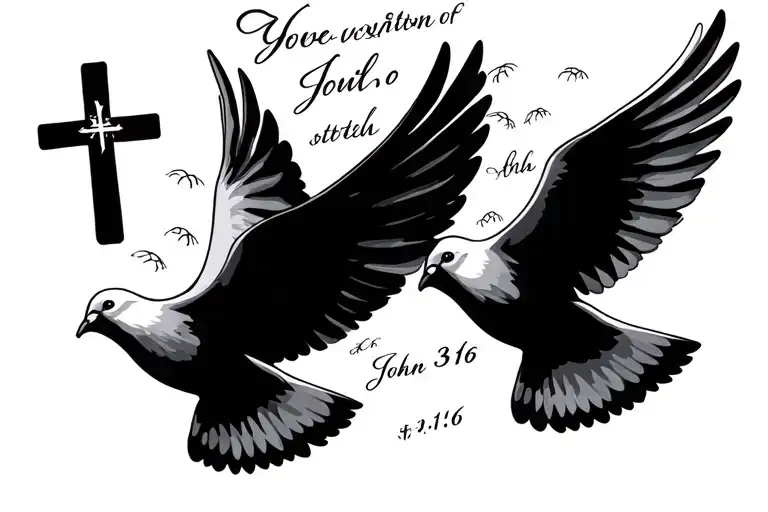 religious,catholic, small doves flying, John 3:16 scripture intertwined, small crosses  tattoo design idea