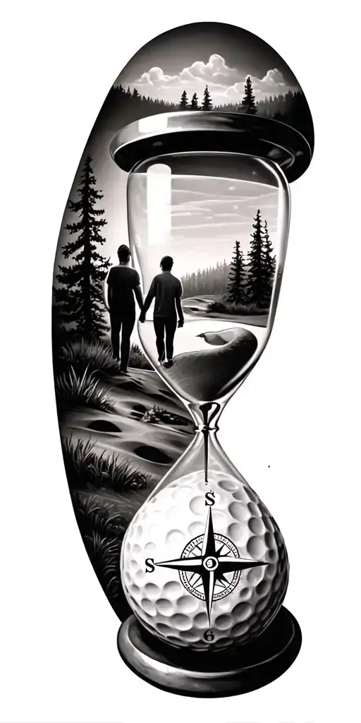 family and forest and hour glass and compass golf course golf ball tattoo design idea