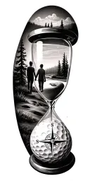 family and forest and hour glass and compass golf course golf ball tattoo design idea