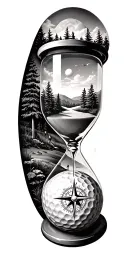family and forest and hour glass and compass golf course golf ball tattoo design idea