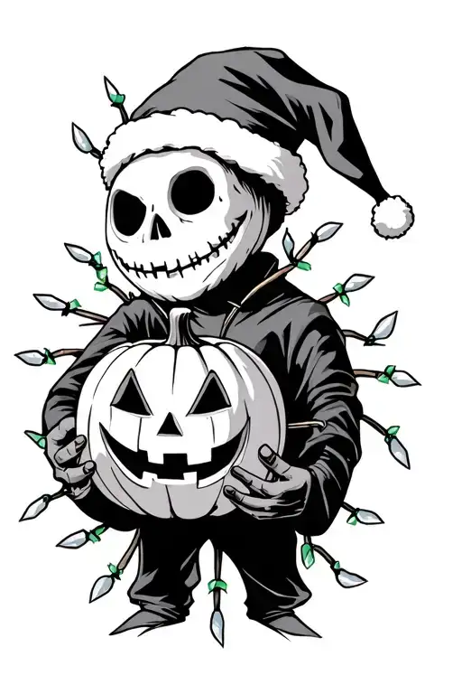 jack skelington wearing a santa  hat.  holding a jack o lantern. with the boogi mans shadow. christmas lights around it  tattoo design idea