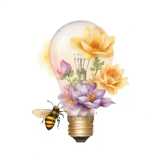 Light bulb with a violet, a rose, a chrysanthemum and a bee inside tattoo design idea