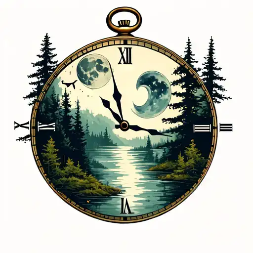 A timepiece with a moon and forest scene inside tattoo design idea