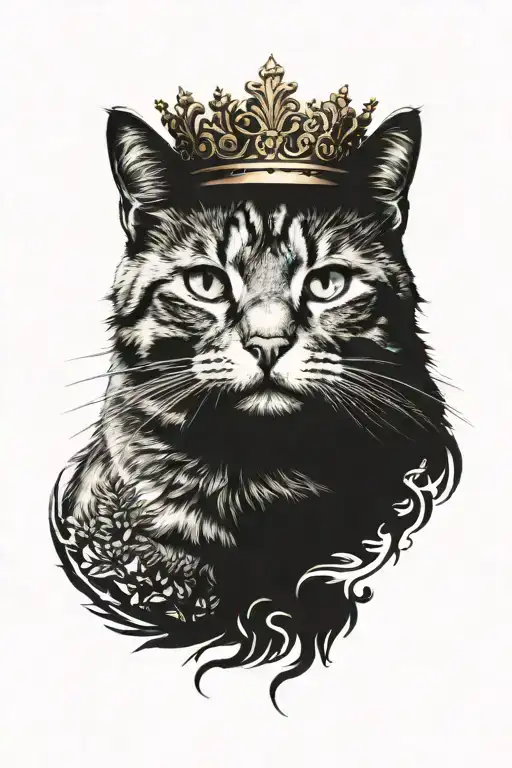 cat with Crown with plam tree sun setting tattoo design idea