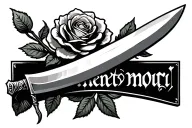 memento mori text with a rose and dagger beneath it tattoo design idea