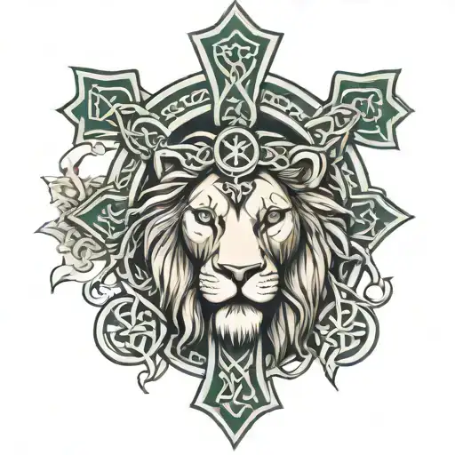 Celtic Cross with Jesus and the lion head tattoo design idea
