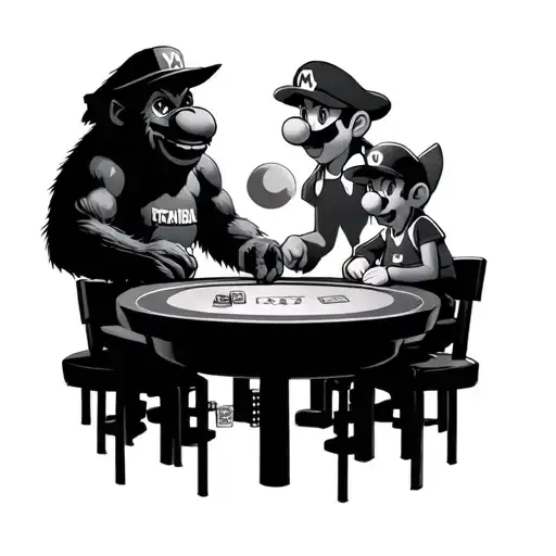 pac man, Mario brothers, Toshiba, King Kong, Pikachu playing poker at a round poker table in a dark room under a spotlig tattoo design idea