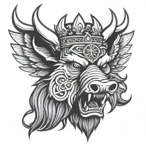 angry boar head wearing a crown with wings and sword and a celtic trinity knot background tattoo design idea