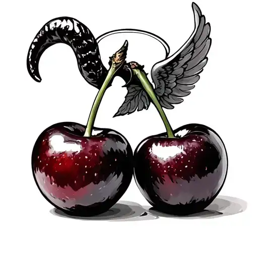 two cherries, one with devil horns and one with angel halo tattoo design idea