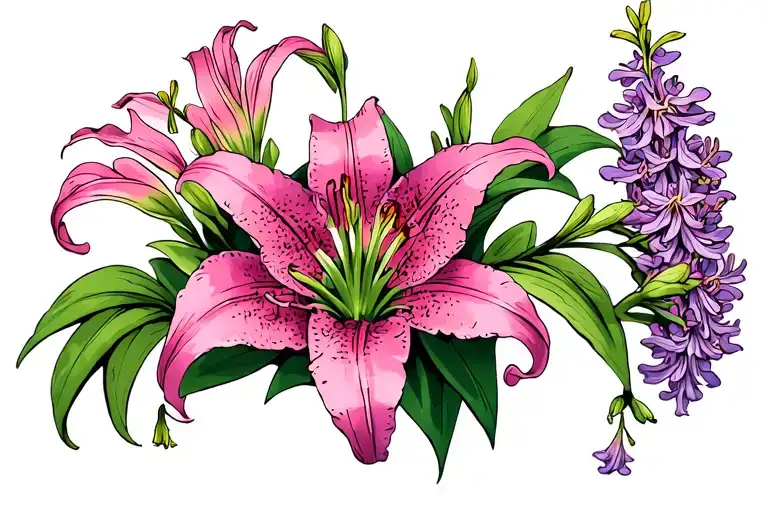 pink stargazer lilies with azaleas and lilacs tattoo design idea