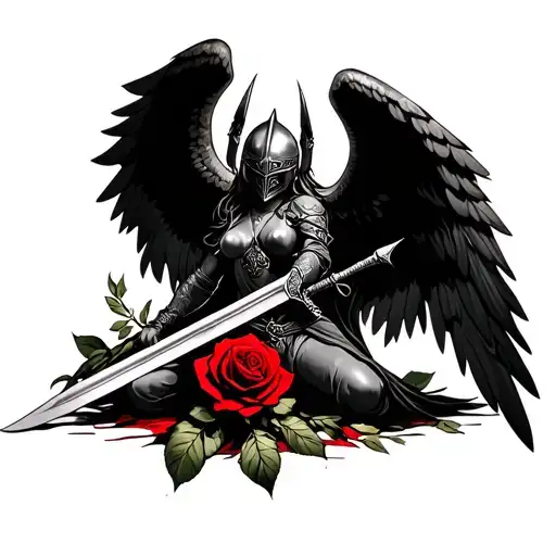 Valkyrie helmet full body angle with wings spread out, with a sword in hand knleeing over a rose  tattoo design idea