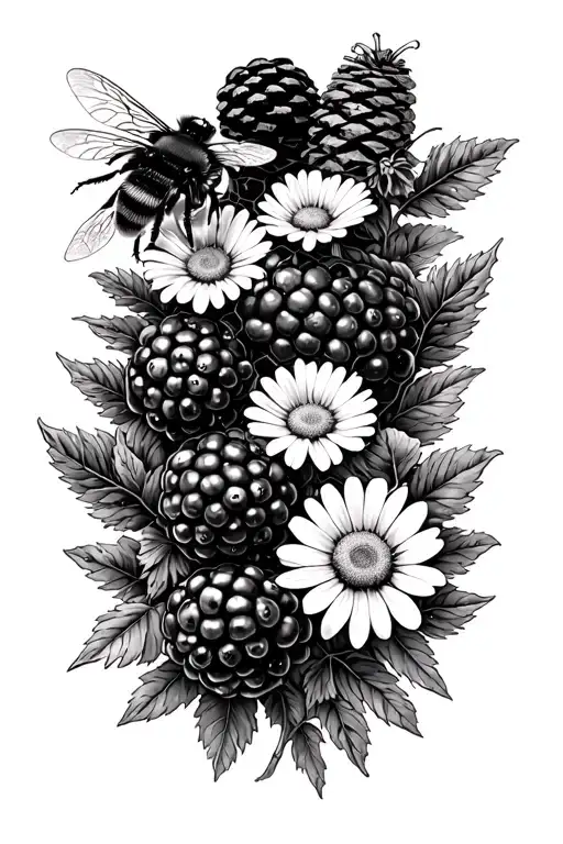 Honeycomb as main background with a few fluffy bumblebees, blackberries , redwood cones, thistle flowers and daisies tattoo design idea
