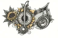 sunflower, rose, tulip surrounded my music note intertwined tattoo design idea