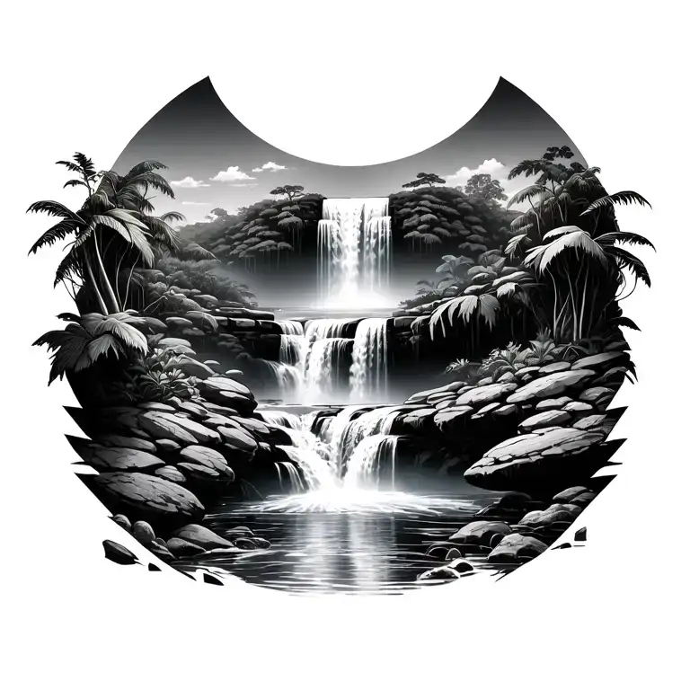 black and grey reality waterfall scene hidden in a rainforest with multiple water levels tattoo design idea