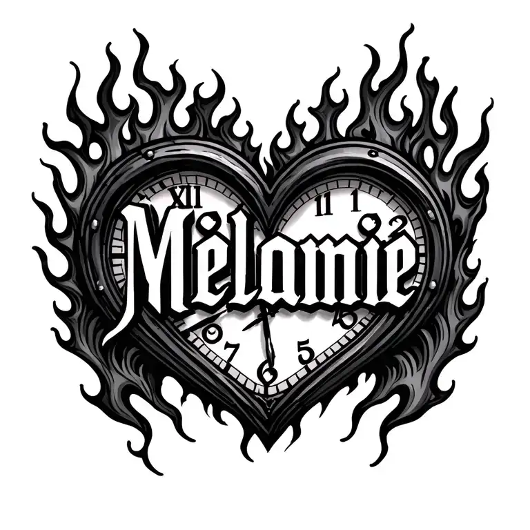 "Mélanie" clock heart in flame tattoo design idea