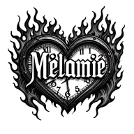 "Mélanie" clock heart in flame tattoo design idea