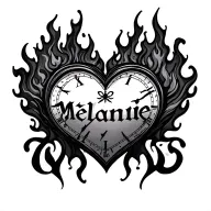"Mélanie" clock heart in flame tattoo design idea