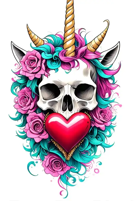 unicorn skull with heart in its mouth tattoo design idea