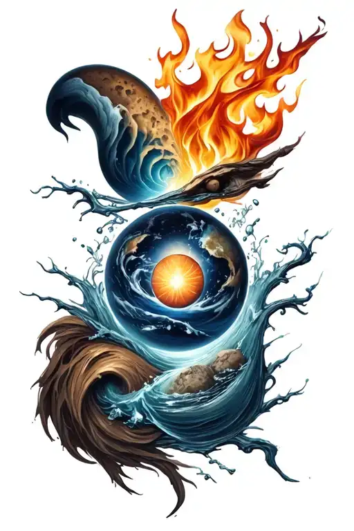 A unique design combining the four elements (earth, water, fire, air) into a cohesive and balanced composition tattoo design idea